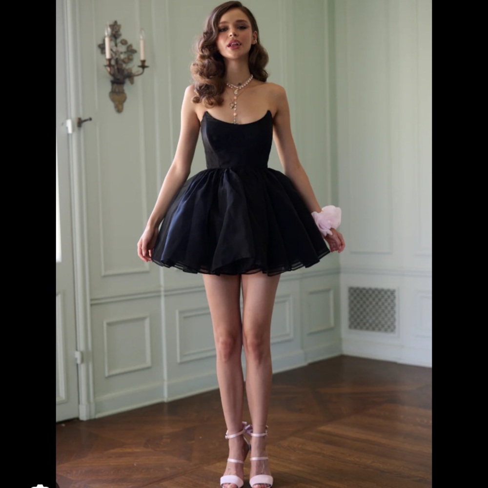 Selkie Black Pinstripe Strapless Party Dress - Picture 2 of 9